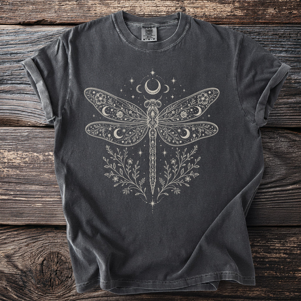 Dark grey t-shirt with white celestial dragonfly and floral print.