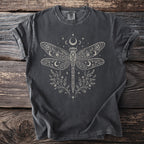 Dark grey t-shirt with white celestial dragonfly and floral print.