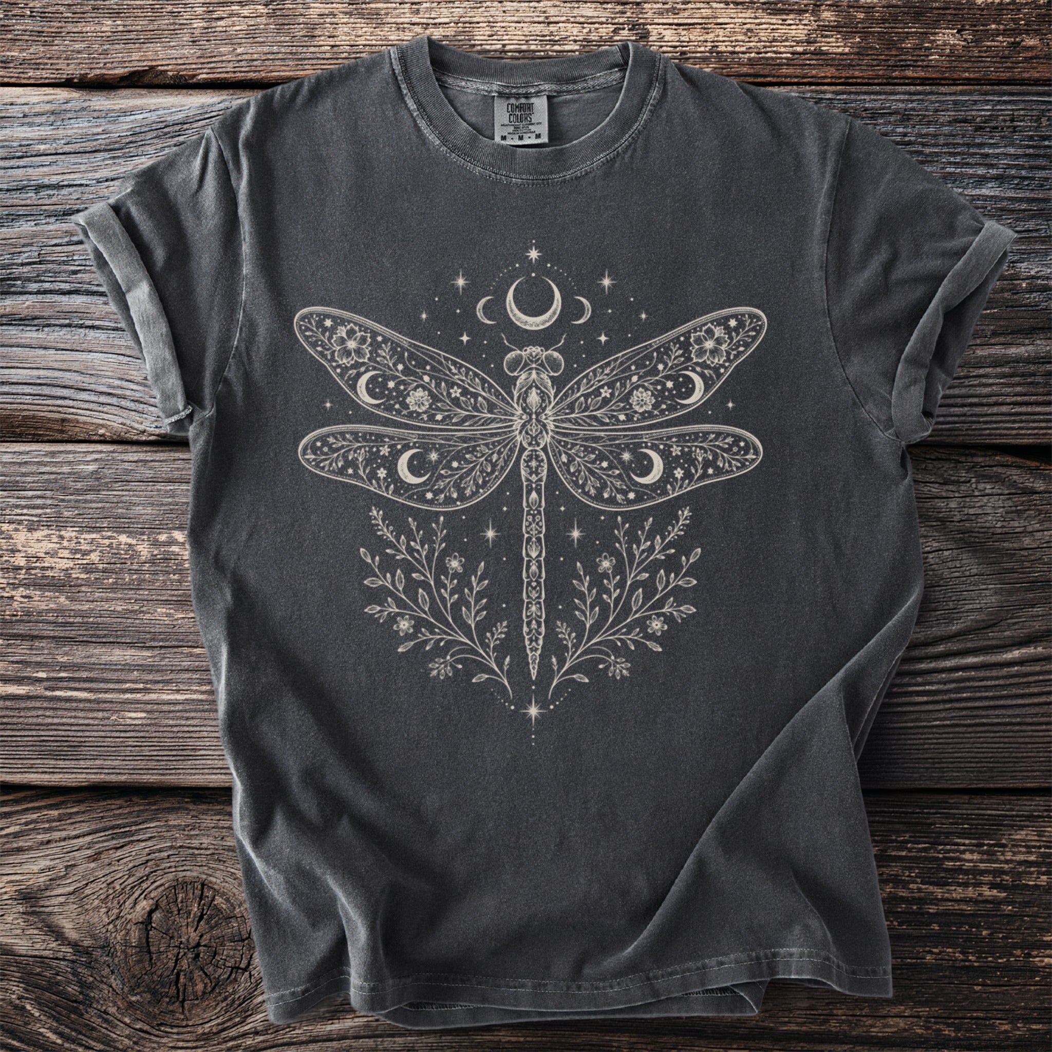 Dark grey t-shirt with white celestial dragonfly and floral print.