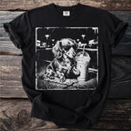 Black t-shirt with vintage style graphic of a dachshund wearing sunglasses with iced coffee.