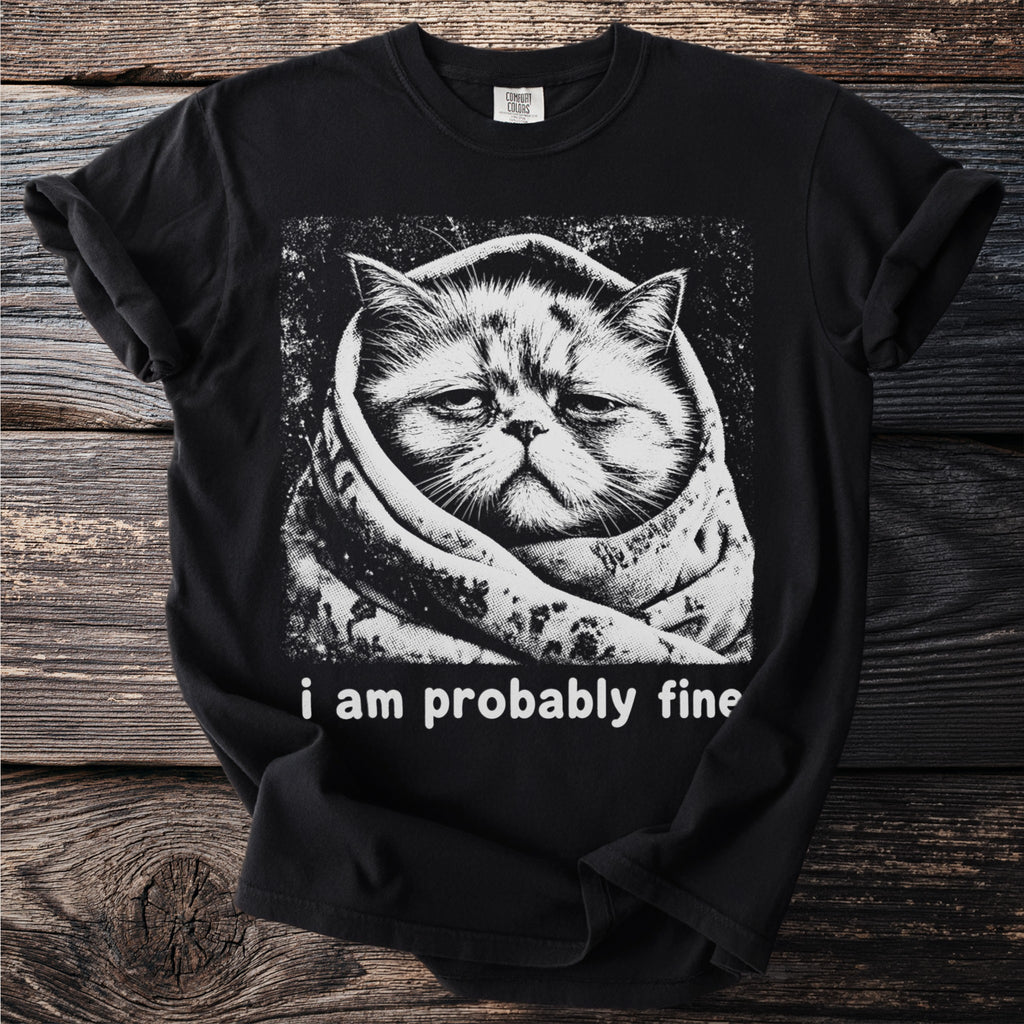 Black t-shirt with a grumpy cat graphic and the text "i am probably fine".