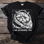 Black t-shirt with a grumpy cat graphic and the text "i am probably fine".