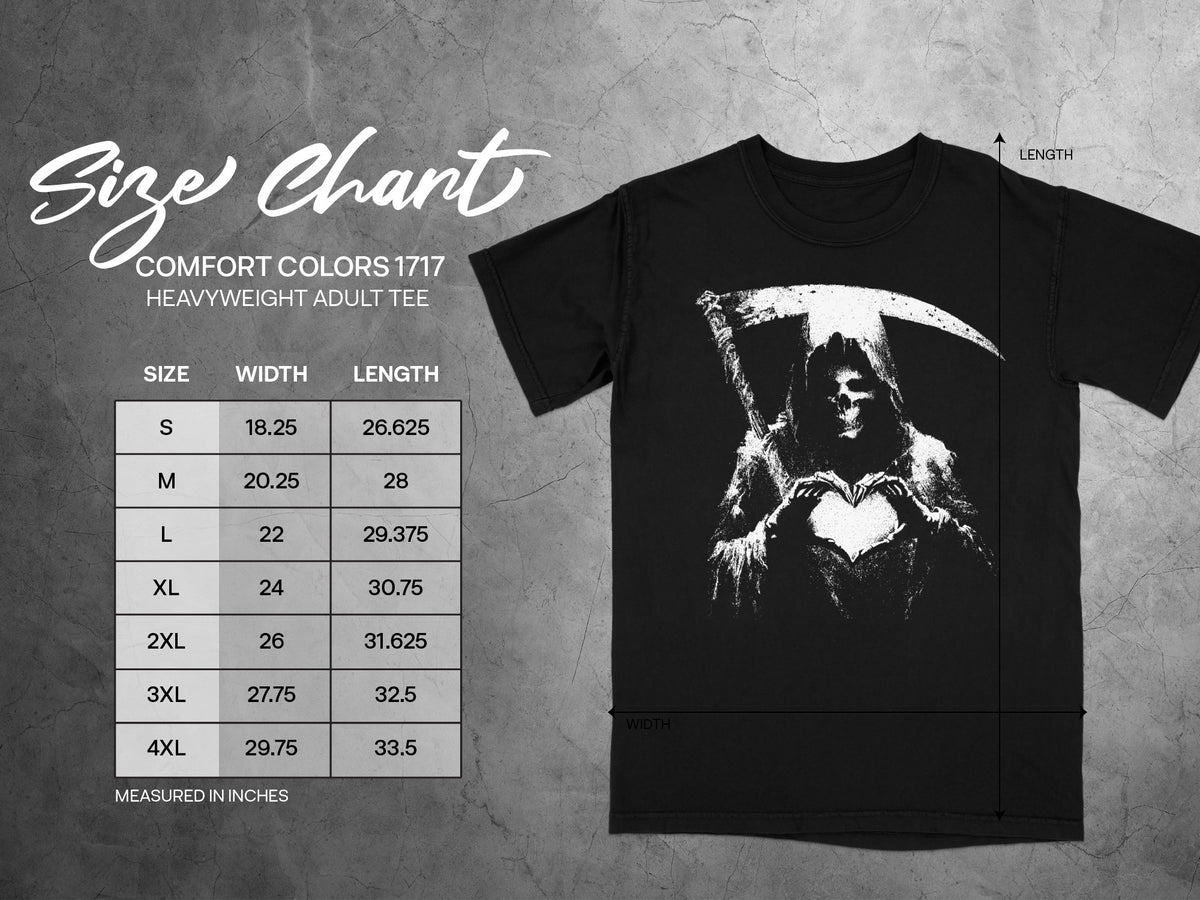 Comfort Colors 1717 heavyweight adult tee size chart with width and length measurements in inches.
