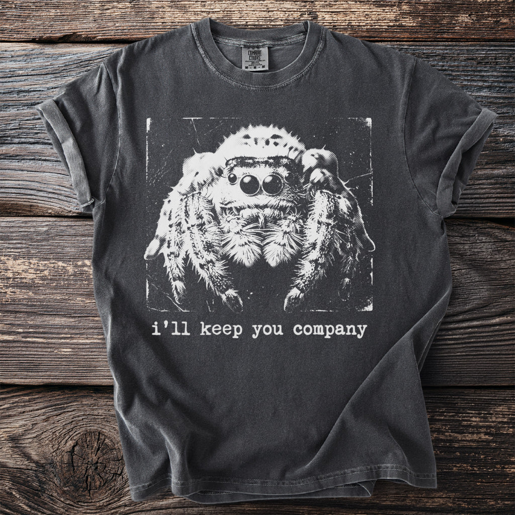 Charcoal t-shirt with a jumping spider graphic and text "i'll keep you company".