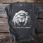 Charcoal t-shirt with a jumping spider graphic and text "i'll keep you company".