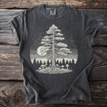 Dark gray t-shirt with a white graphic of a pine tree, mushrooms, moon, and stars.