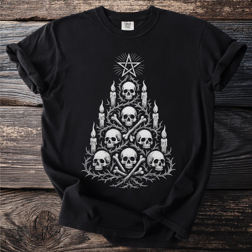 Black t-shirt with white skull and bone Christmas tree design and star.