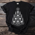 Black t-shirt with white skull and bone Christmas tree design and star.
