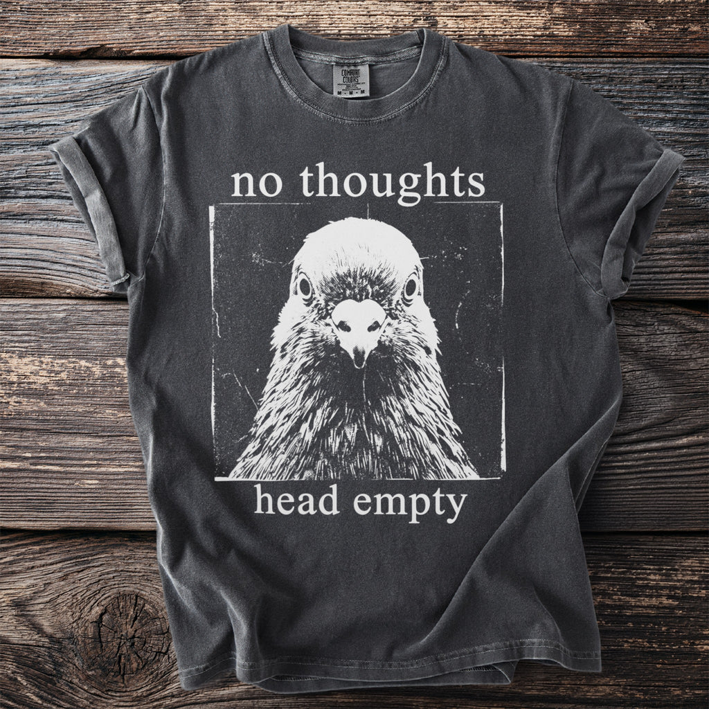 Charcoal t-shirt with a pigeon graphic and "no thoughts head empty" text.