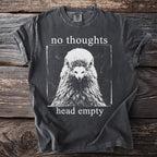 Charcoal t-shirt with a pigeon graphic and "no thoughts head empty" text.
