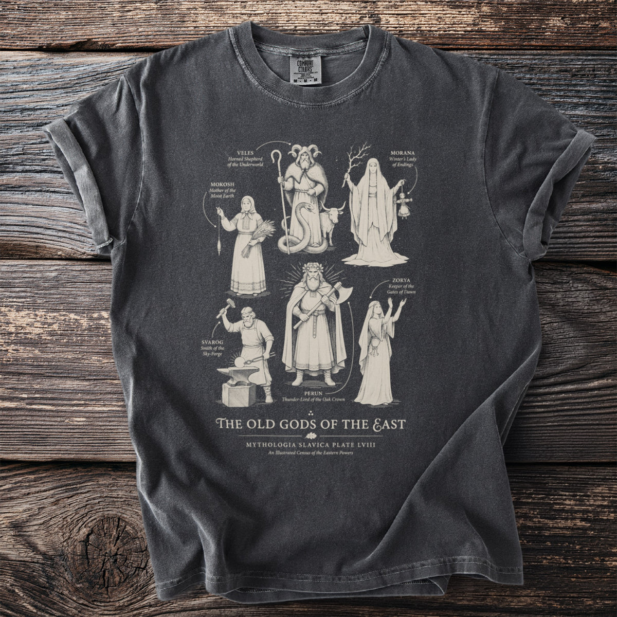 Dark t-shirt featuring line art of Slavic gods and text "The Old Gods of the East."