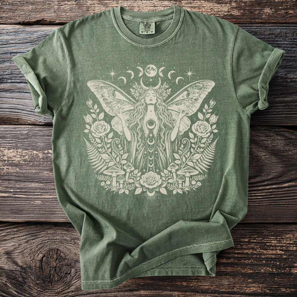 Olive green t-shirt with a white celestial moth woman and floral graphic.