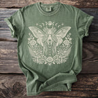 Olive green t-shirt with a white celestial moth woman and floral graphic.