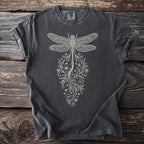 Dark gray t-shirt with a cream-colored dragonfly and floral design.