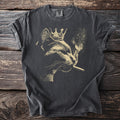 Charcoal t-shirt with a vintage-style graphic of a cat wearing a crown and smoking.