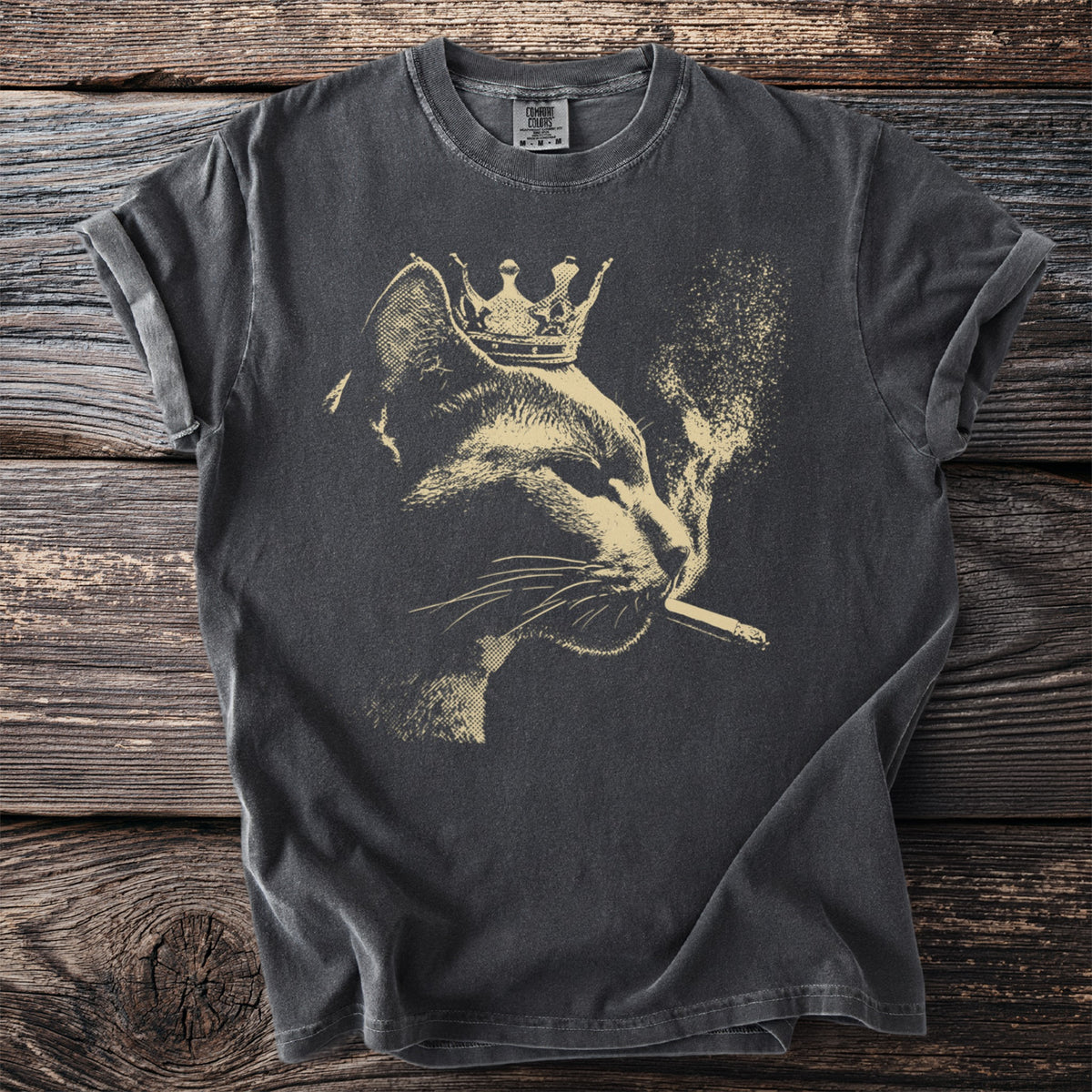 Charcoal t-shirt with a vintage-style graphic of a cat wearing a crown and smoking.