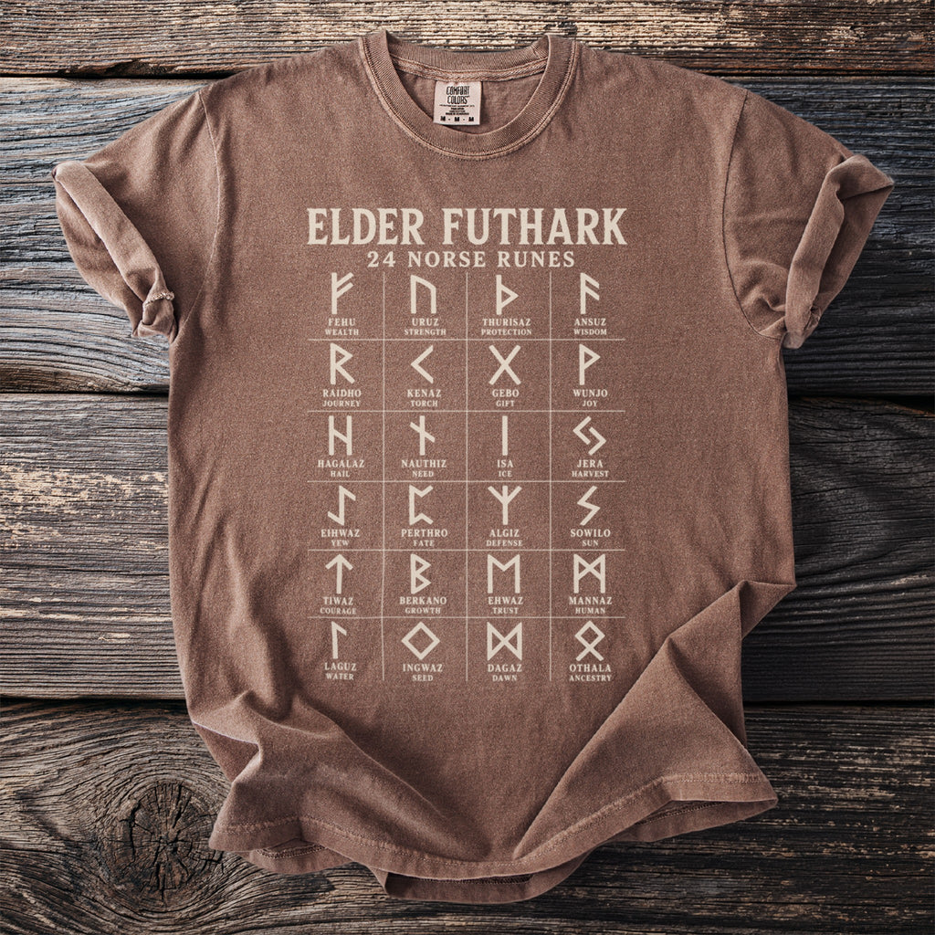 Brown t-shirt with Elder Futhark 24 Norse Runes chart and meanings.