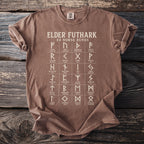 Brown t-shirt with Elder Futhark 24 Norse Runes chart and meanings.