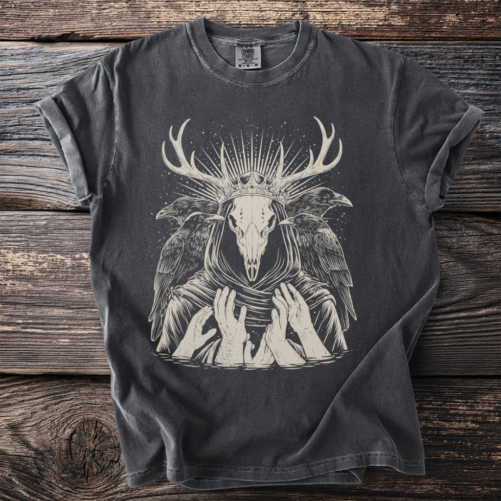 Dark grey t-shirt with a kingly deer skull, ravens, and hands graphic.