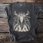 Dark grey t-shirt with a kingly deer skull, ravens, and hands graphic.