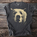 Dark grey t-shirt with a distressed graphic of a bear's face in tan.