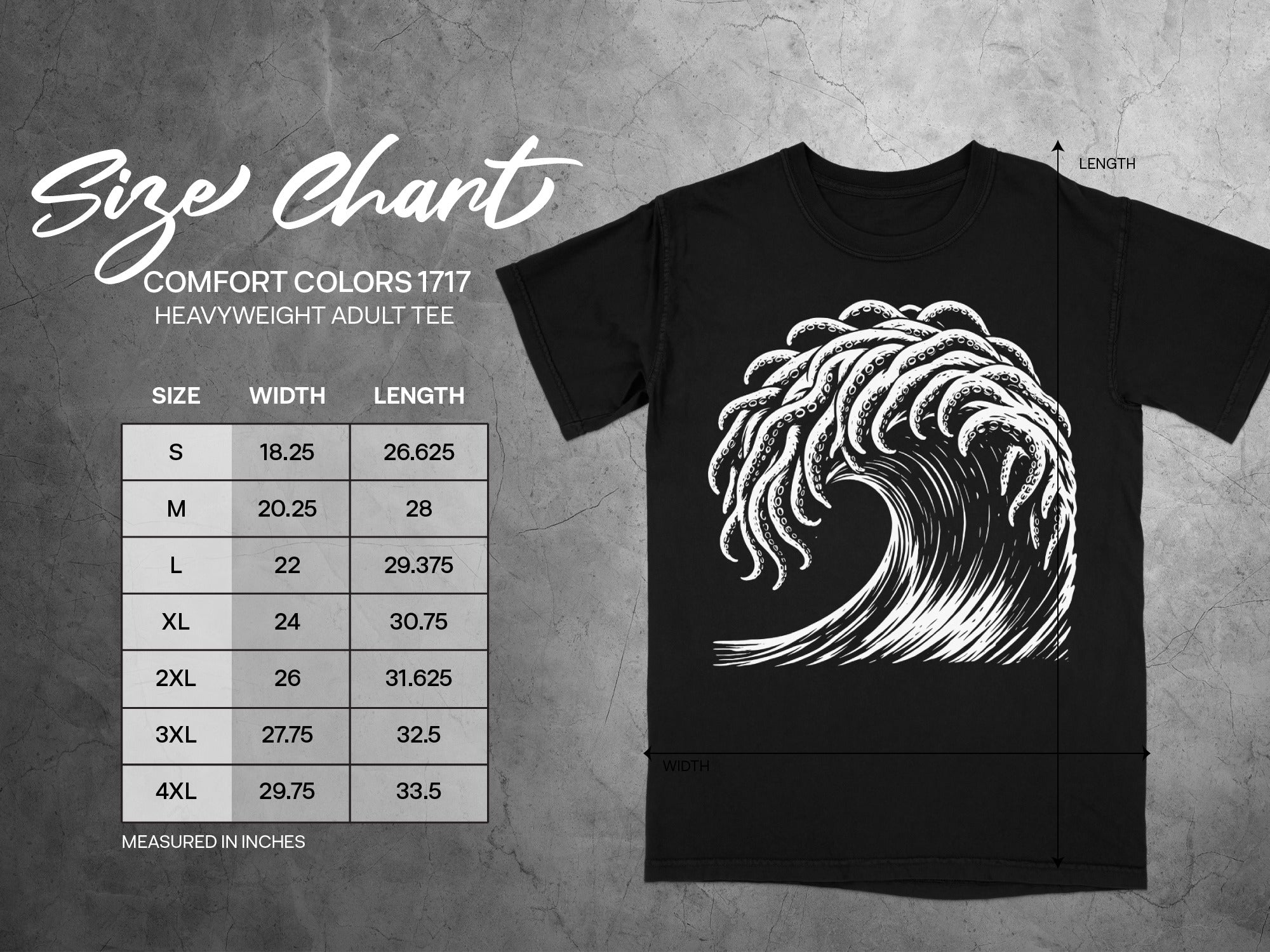 Comfort Colors 1717 heavyweight adult tee size chart with measurements in inches.