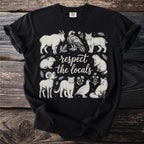 Black t-shirt with a sketch of various wild animals and text "respect the locals."