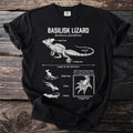 Black t-shirt with a white diagram of a basilisk lizard, its features, and behaviors.
