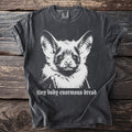 Dark grey t-shirt with a black and white bat graphic and text "tiny body enormous dread".