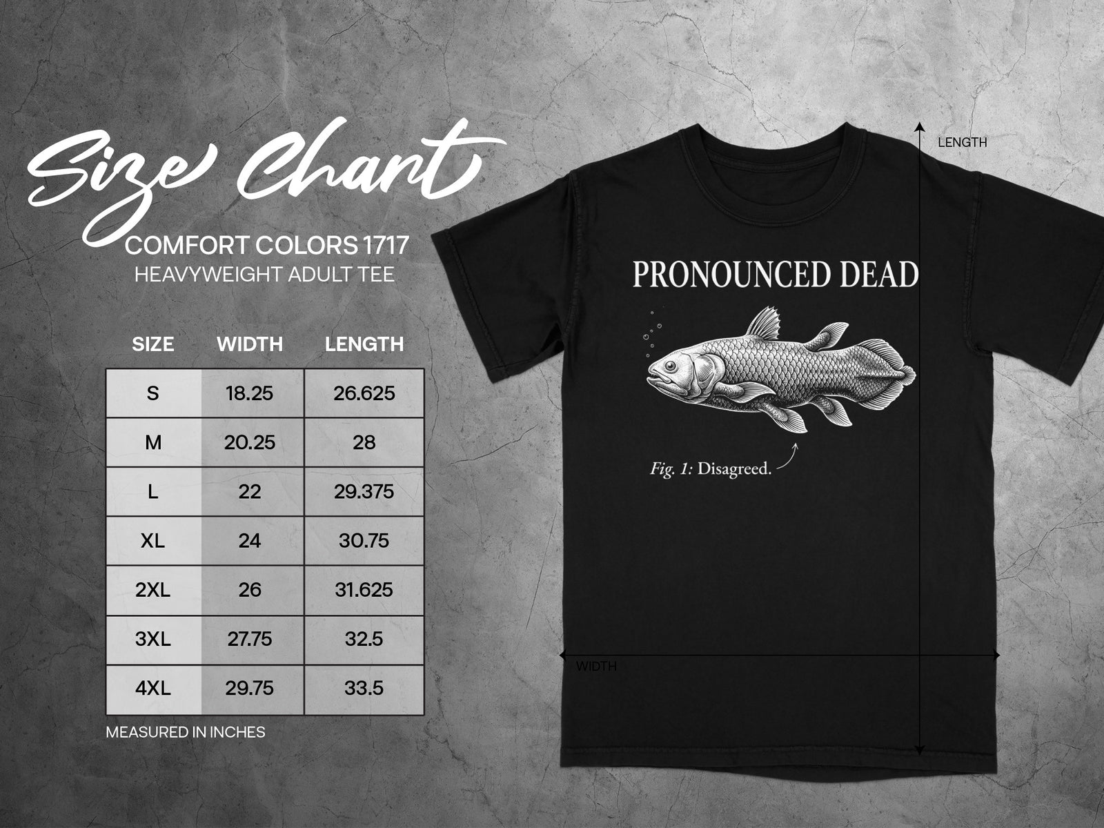 Comfort Colors 1717 size chart for heavyweight adult tees with Pronounced Dead graphic.