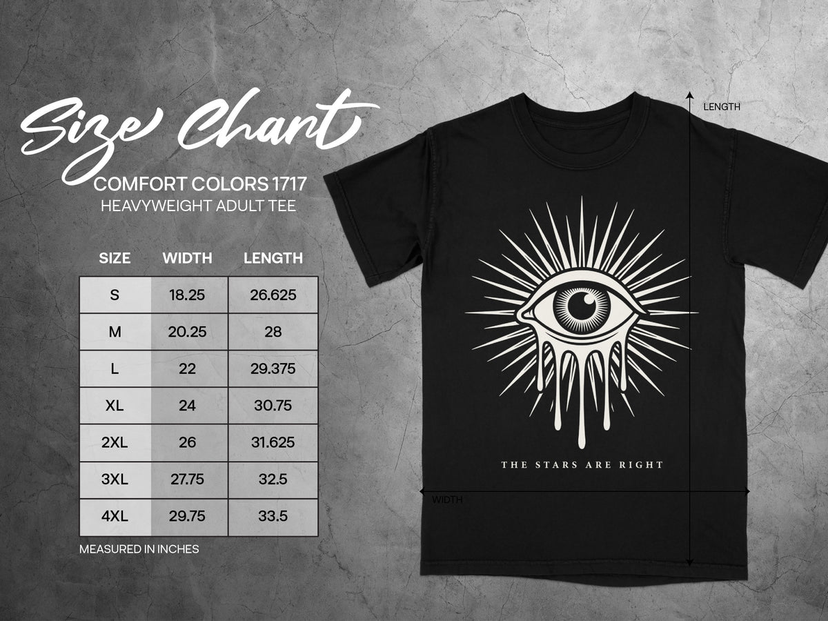 Comfort Colors 1717 heavyweight adult tee size chart with width and length measurements.