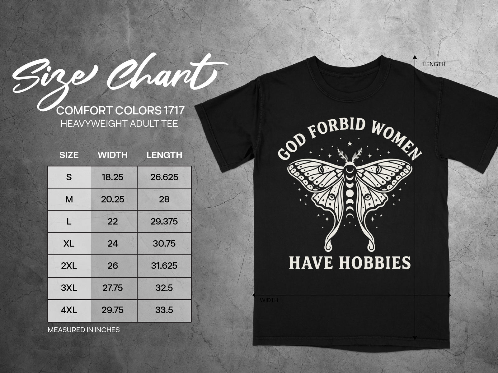 Comfort Colors 1717 heavyweight adult tee size chart with a moth graphic.