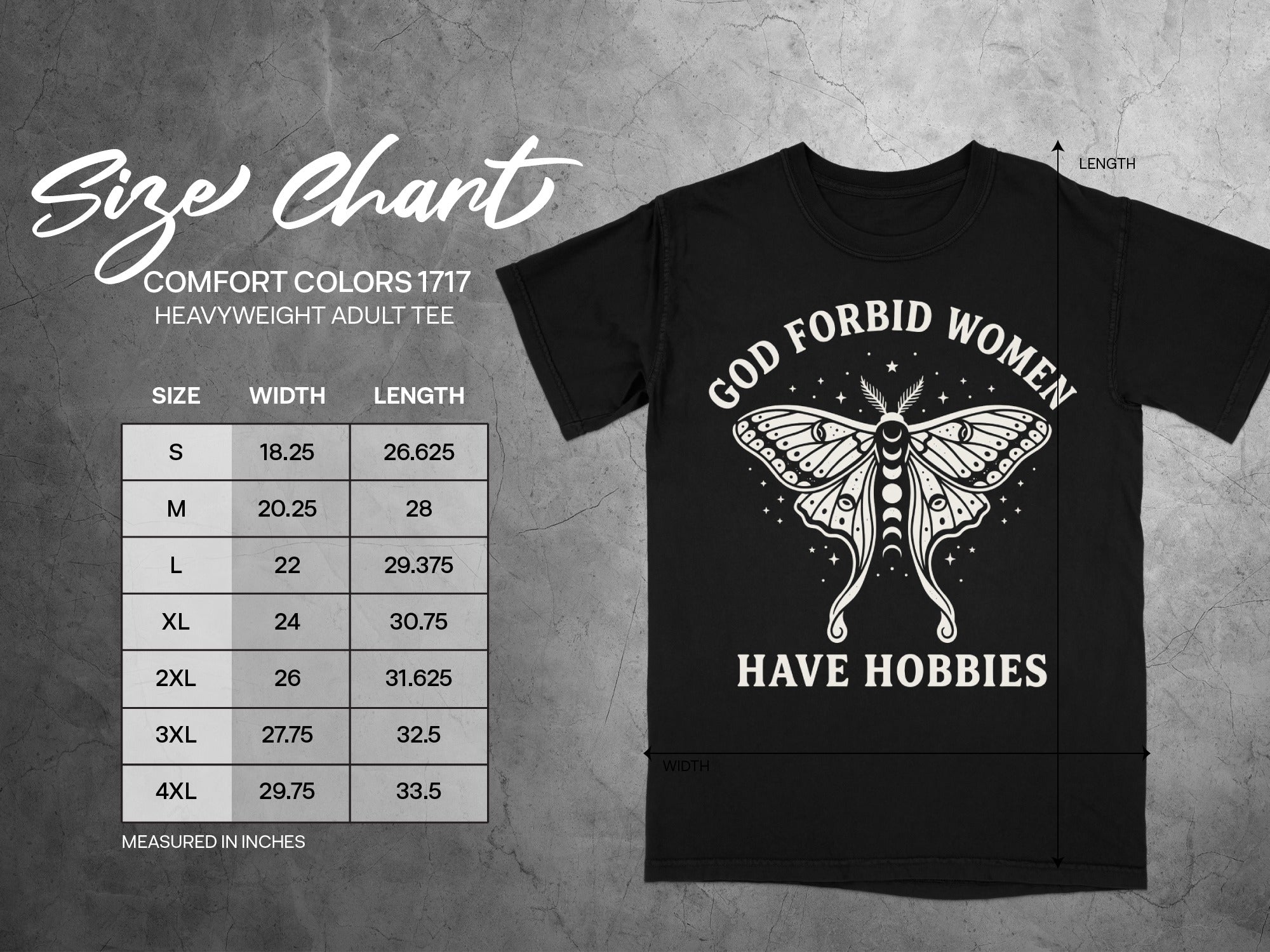 Comfort Colors 1717 heavyweight adult tee size chart with a moth graphic.