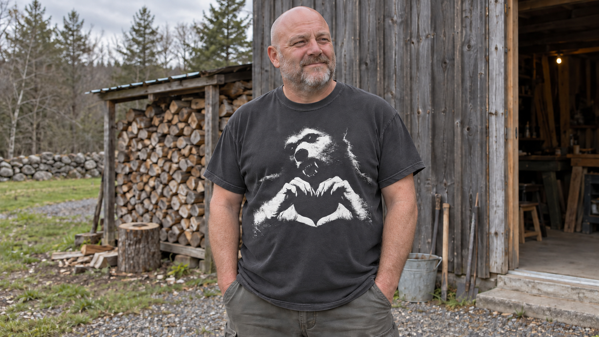 Man beside a woodpile wearing a charcoal T-shirt with a white werewolf making a heart with its hands.