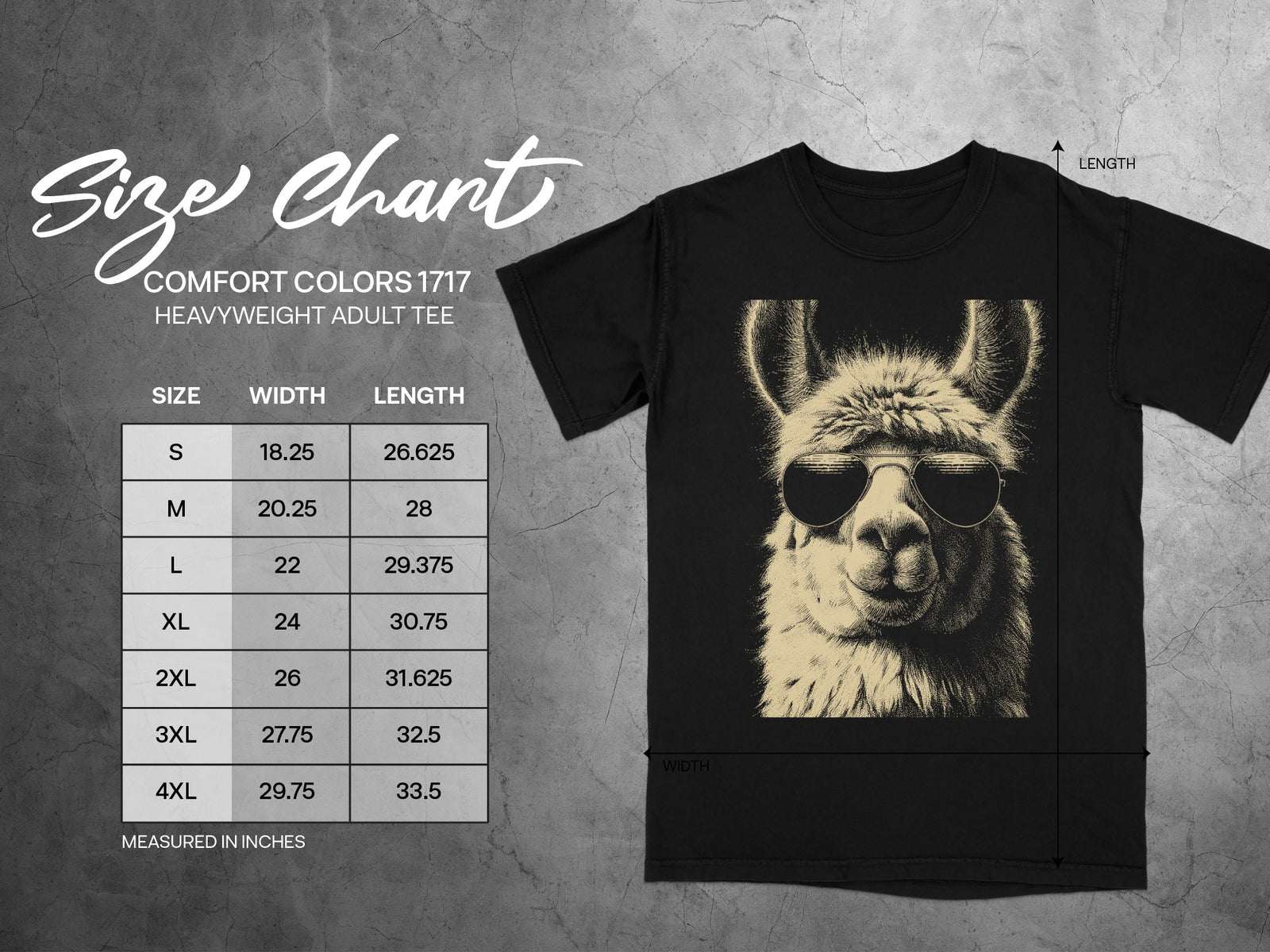 Comfort Colors 1717 heavyweight adult tee size chart with llama graphic.
