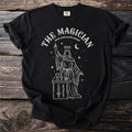 Black t-shirt featuring the Magician tarot card with relevant occult symbols.