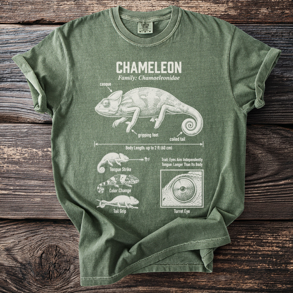 Green t-shirt with white graphic of a chameleon, its features, and facts.