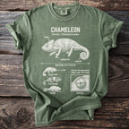 Green t-shirt with white graphic of a chameleon, its features, and facts.