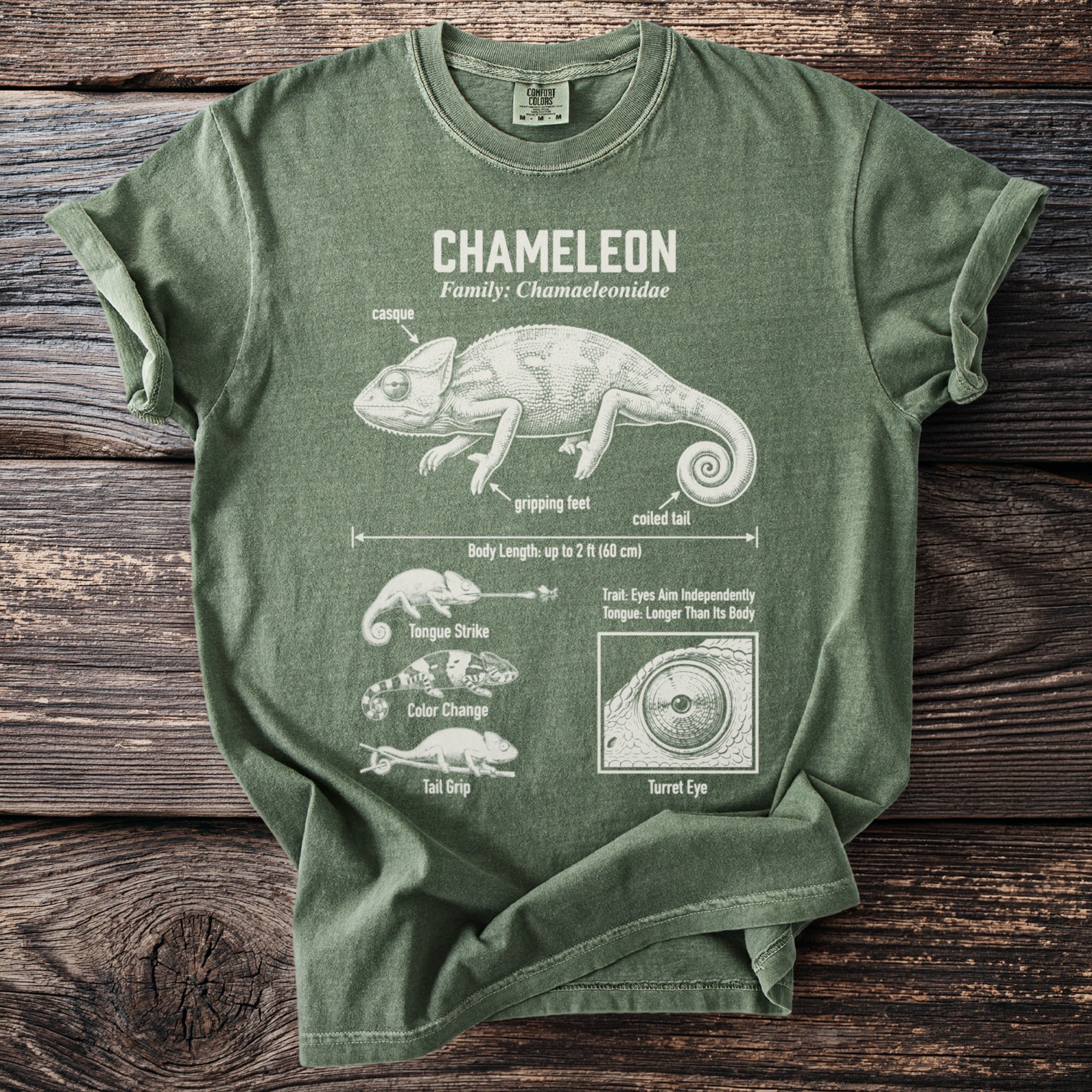 Green t-shirt with white graphic of a chameleon, its features, and facts.