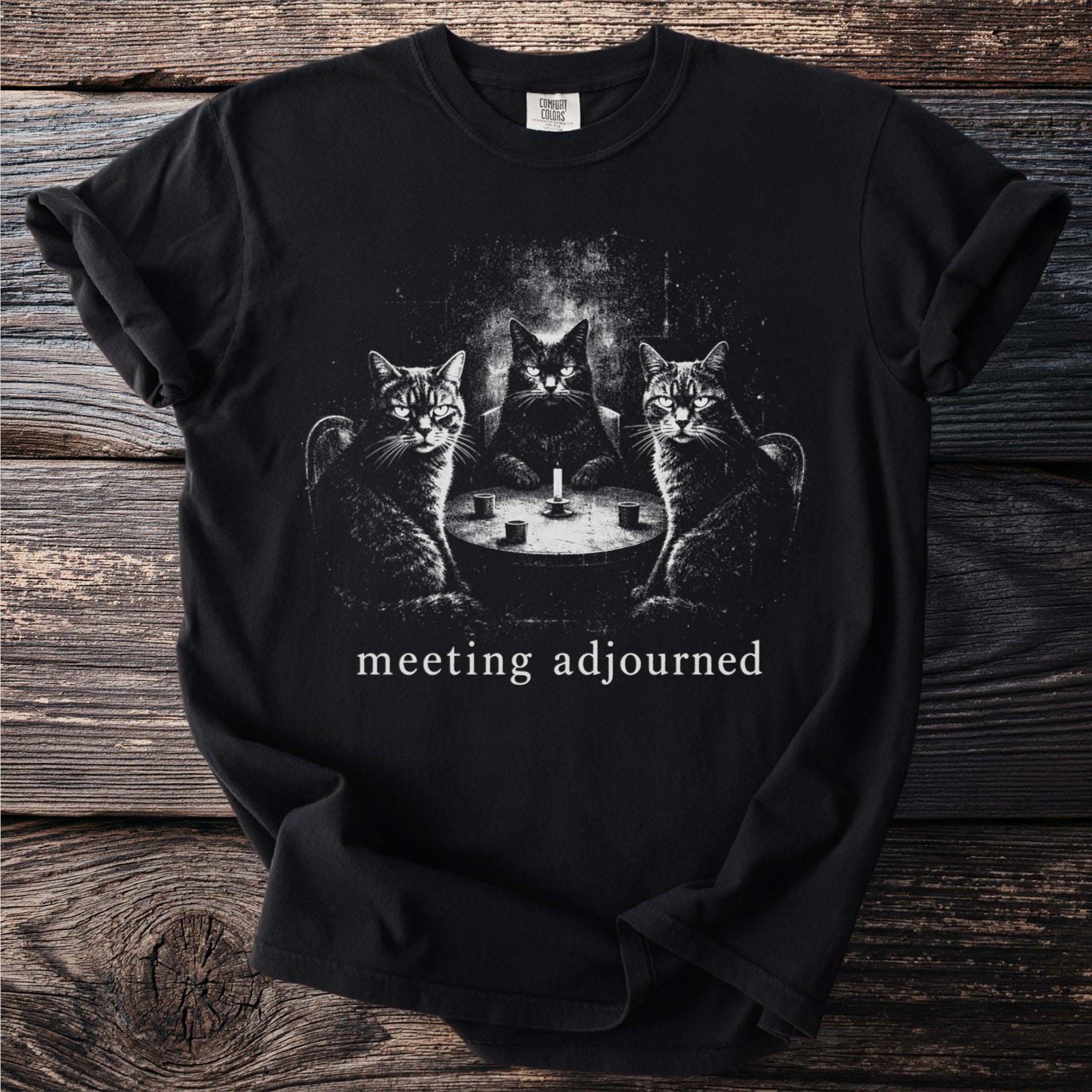Three cats sit around a table with a candle, text reads "meeting adjourned".