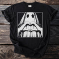 Black t-shirt with a ghost design making a heart shape with its hands.
