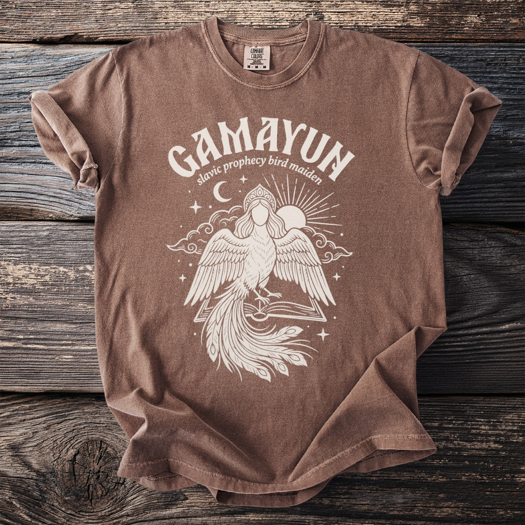 Gamayun Slavic prophecy bird maiden graphic on brown comfort colors t-shirt