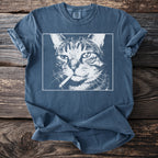 Blue t-shirt with a graphic of a cat smoking a cigarette.
