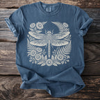 Blue t-shirt with a cream dragonfly and floral design.