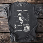 T-shirt with Atlantic Puffin illustration details: bill, face patch, height, and behaviors.