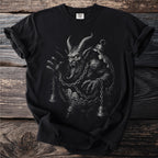 Black t-shirt with a detailed sketch of a horned creature and chains.