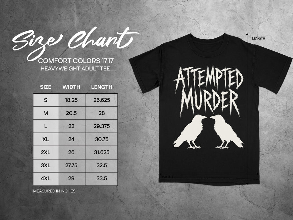 Size chart for black Comfort Colors 1717 heavyweight adult tee with raven graphic.