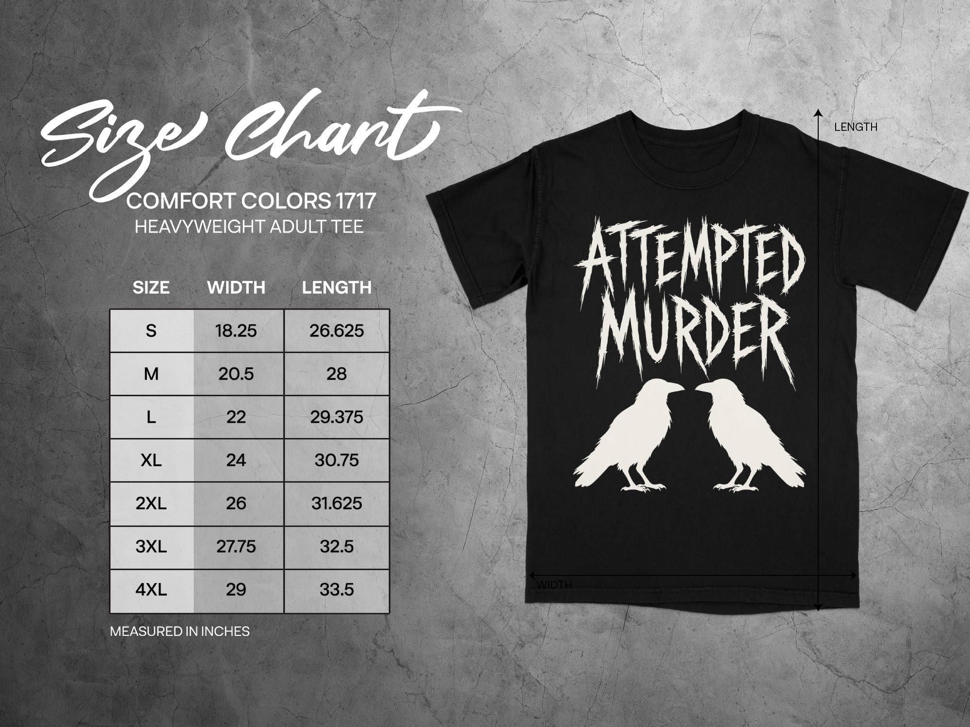Size chart for black Comfort Colors 1717 heavyweight adult tee with raven graphic.