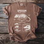 Brown t-shirt with "Opossum Didelphis virginiana" diagram, showing features and behaviors.