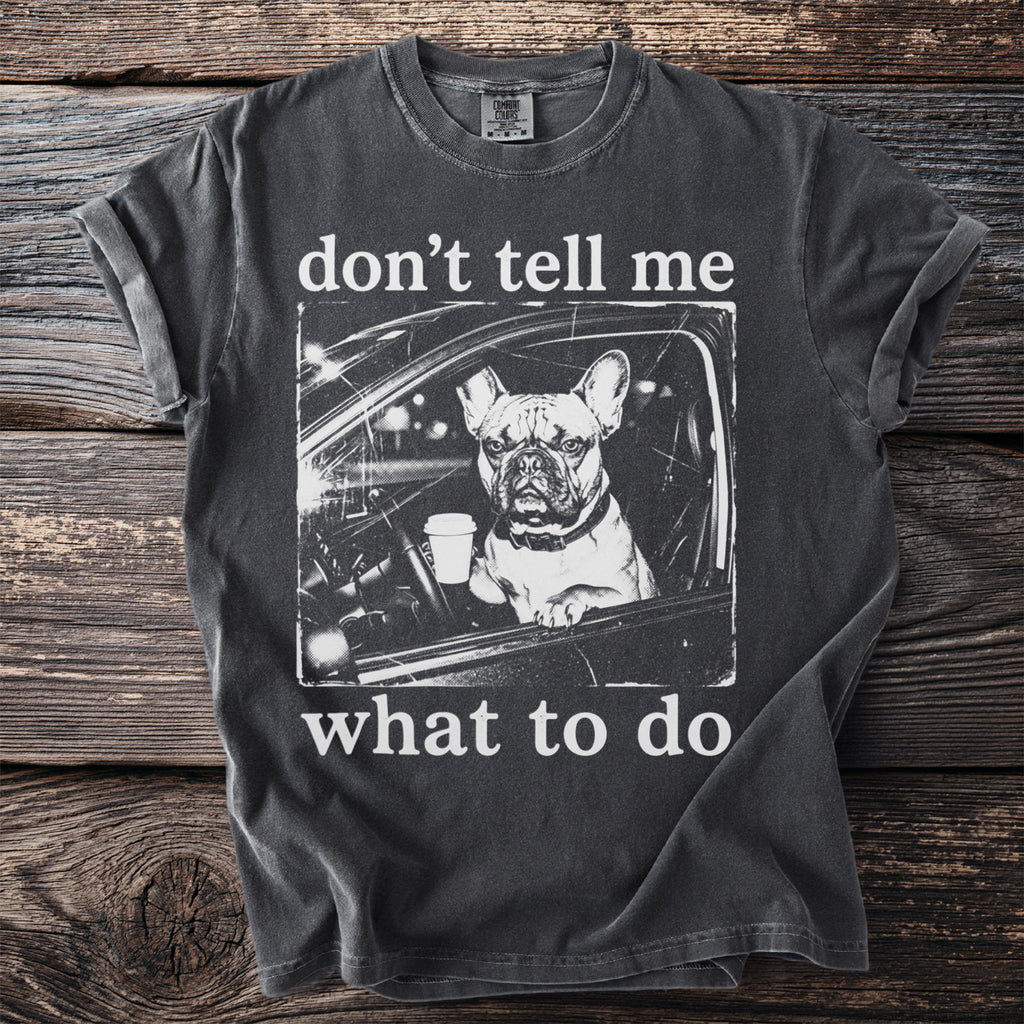Dark gray t-shirt graphic of French bulldog in car holding coffee cup with text